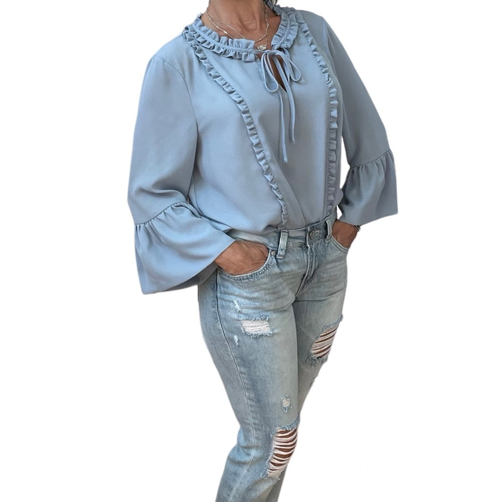 New KARL LAGERFELD Lt Blue Bell Sleeve Blouse Size L